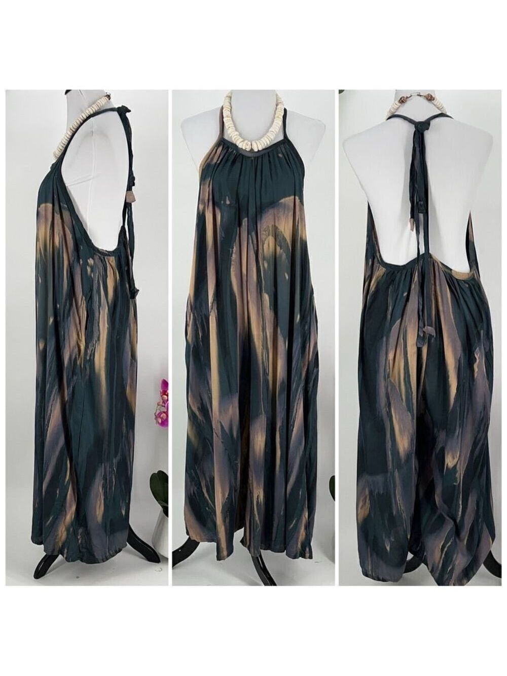 Kahakai ~ Teal Blue Purple Gray Tan Scoop Neck Plunge Back Overall Romper